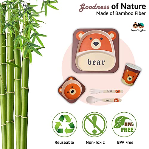 5 Piece Eco-Friendly Mealtime Bamboo Dinnerware For Kids, Toddler, Plate And Bowl Set, Spill Proof Divided Plate Eco Friendly And Dishwasher Safe (Bear) #TOP2