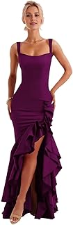 Satin Ruffle Prom Dress Long 2025 for Teens Mermaid Square Neck Formal Evening Party Gowns with Slit - Buy now