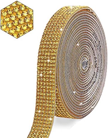 Self Adhesive Gold Crystal Rhinestone Strips Diamond Ribbon Bling Gemstone Sticker Rhinestone Roll for Craft with 2 mm Rhinestone for DIY Arts Crafts,Wedding Party,Car Phone Decoration (Gold)
