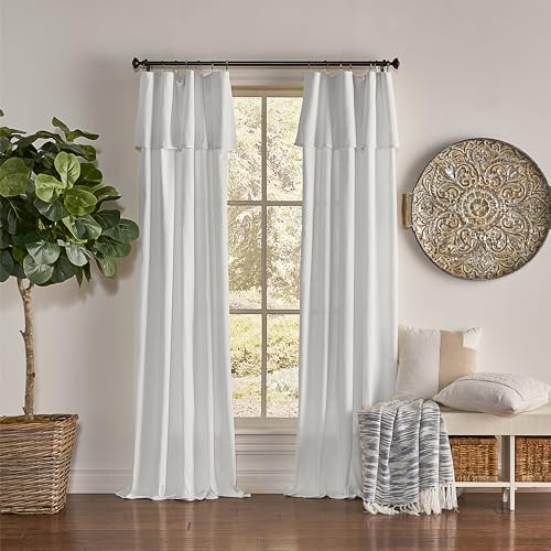 Mercantile Drop Cloth Curtain Panel Light Filtering Ring & Tab Top with Attached Valance 84 in Long x 50 in Wide Farmhouse Single Window Panel Bedroom Living Room & Dining Room White