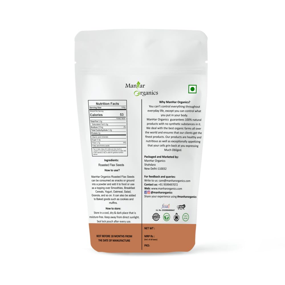 ManHar Organics Roasted Flax Seeds 500gm | Dry Roasted Alsi Seeds Rich in Omega-3 & Fiber | Healthy Ready-to-Eat Snack for Hair, Skin & Daily Nutrition