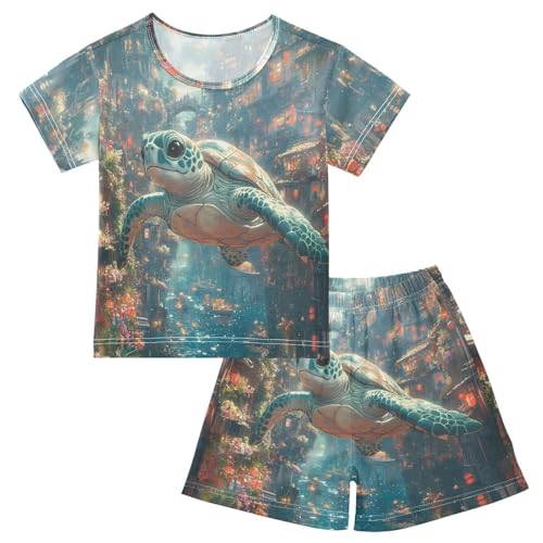 ALAZA Cute Turtle Pajama Set Short Sleeve Sleepwear Soft Lounge Nightwear