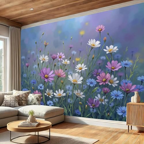 DACRWEKZ Realistic Oil Painting Style Wallpaper, Daisy Field Wall Mural, Blue-Purple Silk Mural Wallpaper for Living Room, Bedroom, Large Background - 300x210cm (Not Peel and Stick)