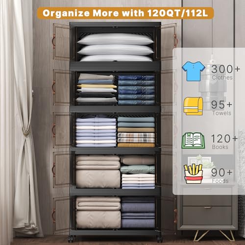 Image of UAMFURI Stackable Storage Bins with Lids, 600QT Closet Organizers and Storage Cabinet with Doors & Wheels, Lockable Plastic Foldable Drawers for Bedroom Dorm Office Garage(120QT*5,Black)