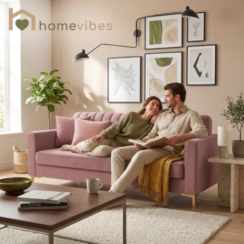 Image of Velum 3 Seater Sofa for Living Room & Office | Premium Fabric Upholstery | Solid Wood Frame | Comfortable Seating | 3 Years Warranty (Blush Pink, 3 Seater Sofa)