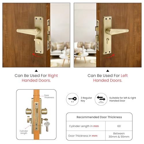 Image of LAPO Mortise Door Lock for Home Main Door & Bedroom with Handle | 3 Brass Keys | Heavy-Duty 60mm Cylinder | 45x45mm Body | Left-Right Fit 30-50mm Door Home Office Hotel | Antique Finish | CY-164