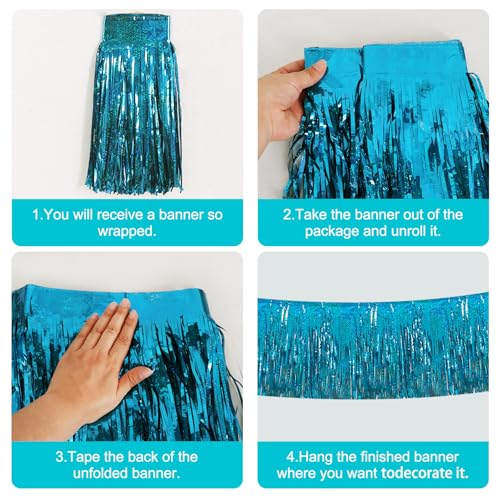 Image of BEISHIDA 3 Packs Metallic Foil Fringe Garland Laser Lake Blue Wall Hanging Tinsel Fringe Banners for Car Floats Bridal Shower Wedding Birthday Easter Graduation Holiday Party Decoration(30 Feet)