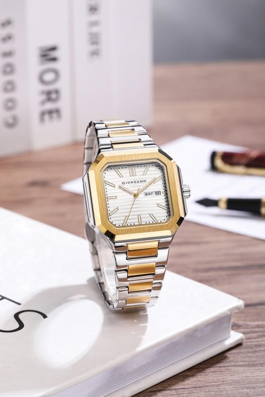 Image of Giordano Square Formal Watch for Men - Textured Dial,Day & Date Display and Stylish Stainless Steel Strap