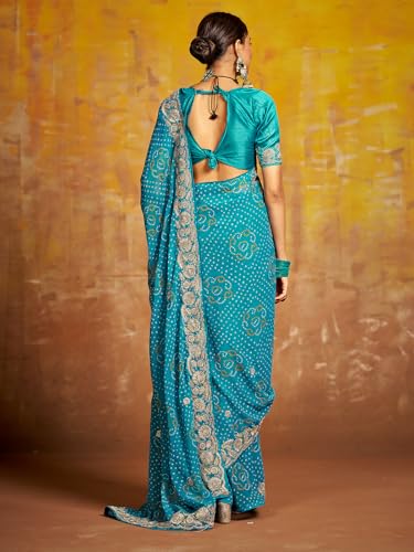 Image of Satrani Women'S Georgette Embroidery Bandhani Printed Saree With Unstitched Blouse Piece