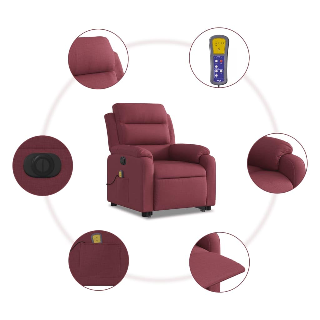 Sillón elevador eléctrico reclinable con 6 puntos de vibración, tejido rojo vino, función de elevación e inclinación a 135 grados, estructura estable