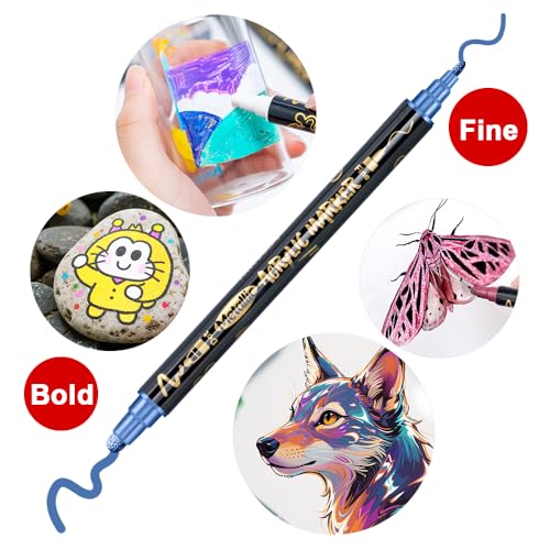 Image of TRANSON 12Colors Metallic Paint Markers Bold and Fine Dual-tip for Rock Wood Ceramic Canvas DIY Painting Drawing