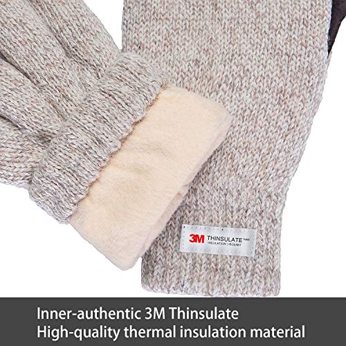 FWPP Winter Fingerless Gloves for Men Women Thinsulate Inner Wool Acrylic Knit Leather Palm - Thumbnail 2