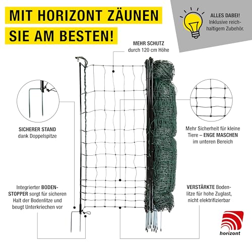 horizont strongLine mobiler Hundezaun Camping ohne Strom, Mobiler Zaun für Hunde & Kleintiere, 25 m lang, 120 cm hoch, 9 Fiberglaspfähle mit Doppelspitze, grün, für Garten, Hof & Camping