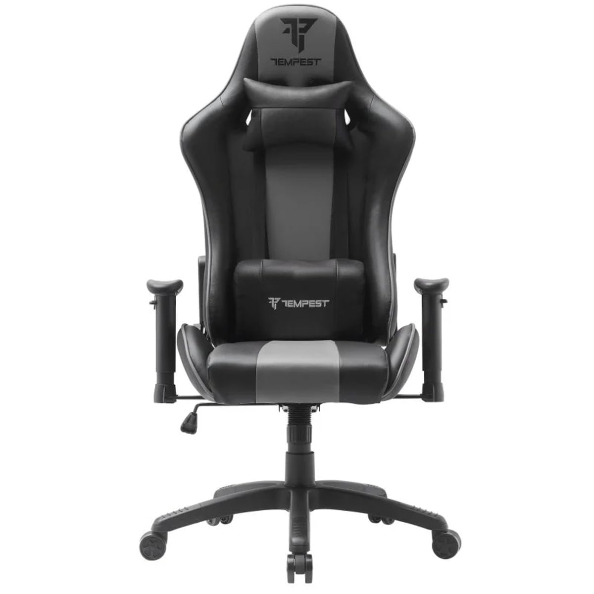 Tempest Vanquish Silla Gaming, Polipiel, Reclinable 180°, Reposabrazos 2D, Cojines Lumbar y Cervical, Base Nylon 350 mm, hasta 150 kg (Gris)