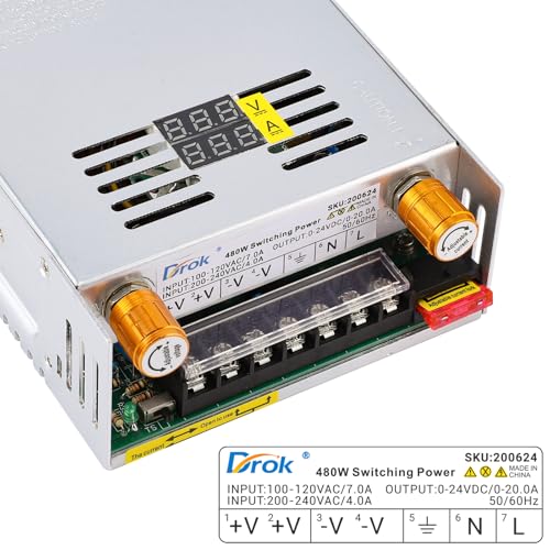 Image of DROK 24V Power Supply, AC 110V /220V to DC 0-24V 0-20A 480W Buck Converter, Volt Amp Adjustable Adapter Regulated 5V 12V 24V Volt Switching Voltage LED Transformer Charger for Computer CCTV Lab