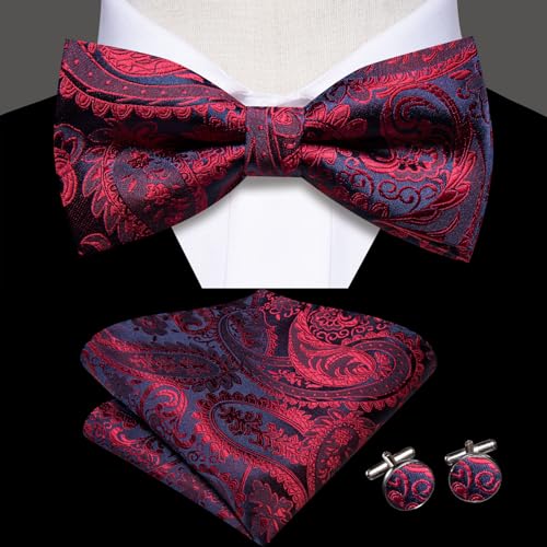 Image of Dubulle Mens Paisley Striped Bowtie Set Pre-tied Bowtie for Men and Pocket Square Set Wedding Business