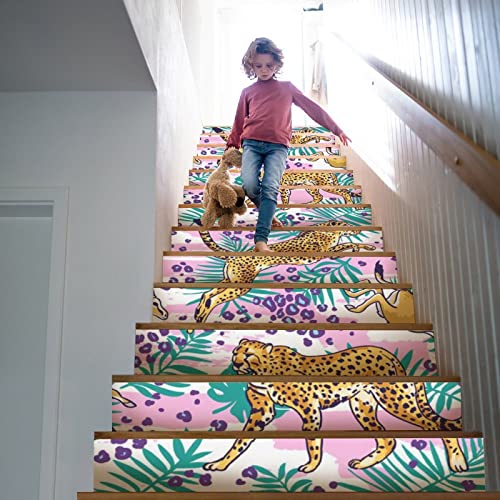 Leopard Cheetah And Tropical Palm Leaves Stair Stickers Printed Peel And Stick Stair Riser Decals Staircase Murals Wall Sticker Decorate 2 Set #TOP4