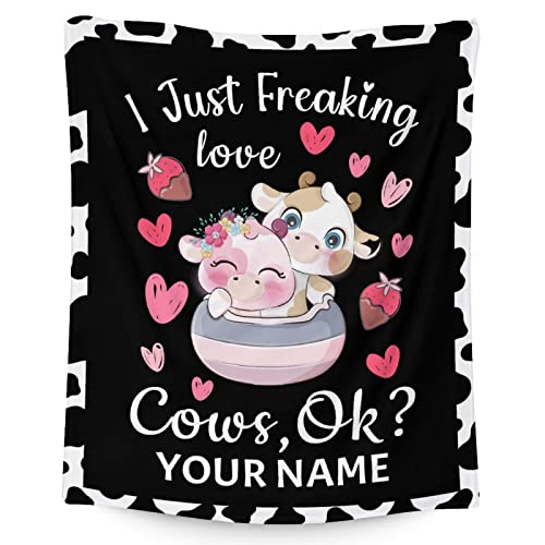 Personalized Cow Blanket Gifts with Name - 40"x50" Cute Throw for Women, Girls - Black Soft Fuzzy Blankets for Couch & Sofa