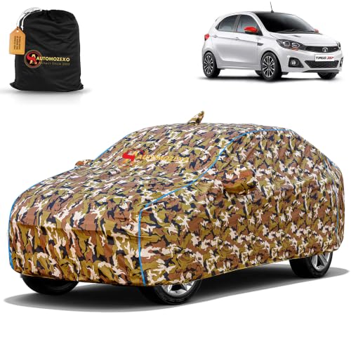 Image of Tata Tiago 100% Waterproof Car Cover for All Weather Protection with Mirror & Antena Pocket Inner Cotton Layer Triple Stitched Cover with Adjustable Belt Bottom Elastic to Secure Fit-Jungle