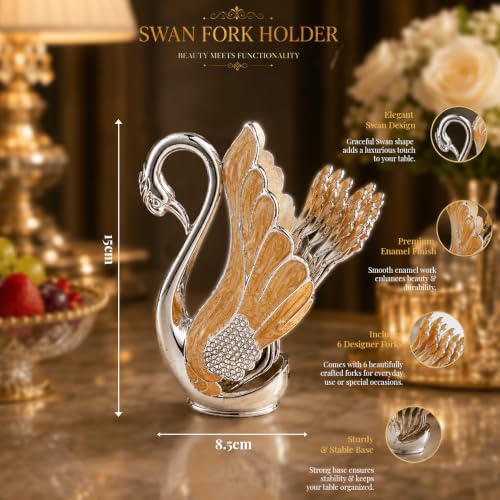 Image of Decorative Swan Fork Holder with Fork Set | Elegant Silver & Gold Finish | Tabletop Dining Organizer | Home Decor & Dining Table Accessory