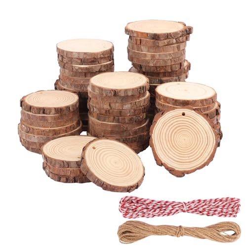 60 PCS 3.2-3.6inch Unfinished Wood Slices, Natural Wood Slices, Predrilled