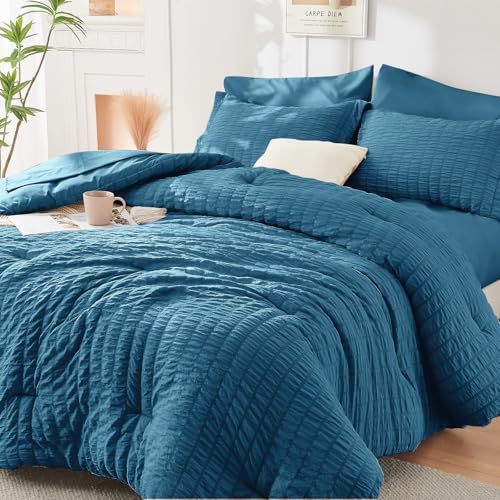 Image of HYMOKEGE Teal Full Size Comforter Sets Seersucker 7 Pieces, All Season Luxury Bed in a Bag for Bedroom, Bedding Set with Comforters, Sheets, Pillowcases & Shams