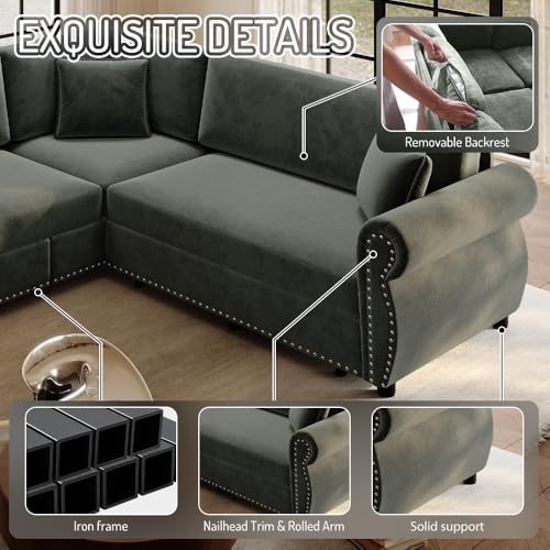 Image of KCGKCG 88.2 inch Sleeper Sofa Bed, Sectional Couches for Living Room /Apartment, Chenille L Shaped Couch with Pull Out Couch Bed, Convertible Sectional Sofa with Rolled Arm & Nailhead Trim, Green