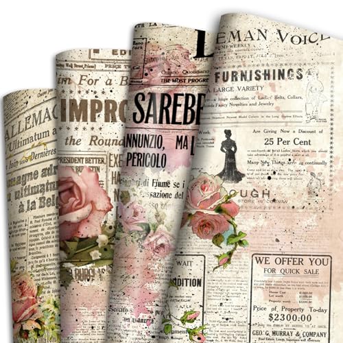 Vnaaem Retro Newspaper Wrapping paper for Women - 8pcs vintage wrapping paper with Newspaper Print - Rose Flower Gift Wrap for Wedding Birthday Baby Shower Other Craf Gift Packing(19.6 X27.8Inch)