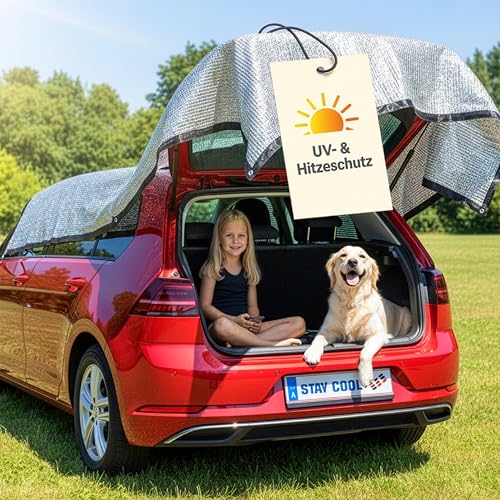 WALSER Schattennetz Auto 3x4 m Alu Sonnenschutz Auto (bis zu 20 C kühler) für Hund mit UV-Schutz & Ösen - Hitzeschutz PKW Sonnenschutznetz Camping Sonnensegel Garten reflektierend faltbar + Tasche