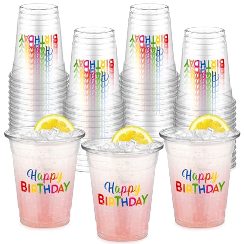FoldTier 50 Pcs Happy Birthday Cups 12 oz Birthday Plastic Glasses Clear Disposable Cups Theme Drinking Glasses for Home Kitchen Theme Party Favors Supplies Decoration