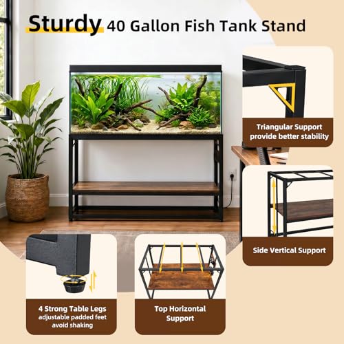 Image of 40 Gallon Tank Stand with Power Outlets - Heavy Duty Metal Fish Tank Stands for Turtle Reptile Terrarium, 2-Tier Aquarium Stand with Adjustable Wood Storage Shelf, 660LBS Capacity (Rustic Brown, 36.6 inchx18.5 inchx29 inch)