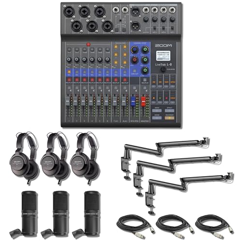 Zoom LiveTrak L-8 8-Channel Digital Mixer & Recorder with 3x Zoom ZDM-1 Podcast Microphone Pack and StreamEye LowPro Low Profile Mic Arms