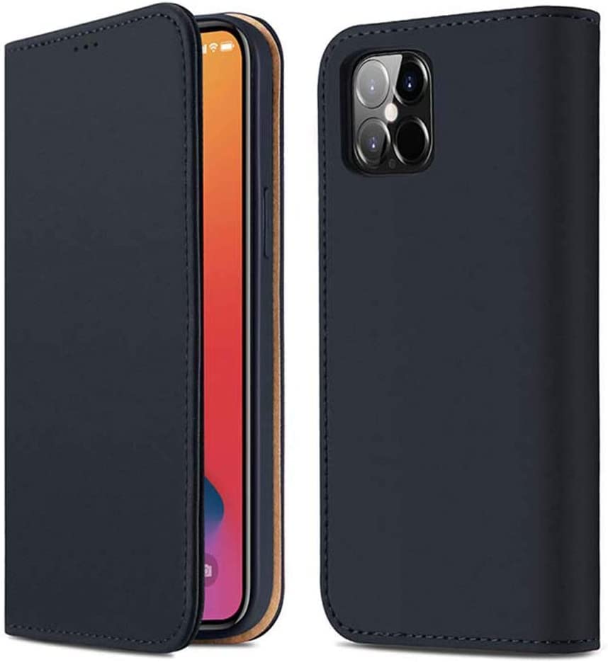Étui pour Apple iPhone 12 Pro Max cuir véritable portefeuille bleu 6,7 pouces