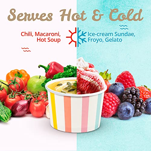 Image of MATICAN Paper Ice Cream Cups, 50-Count 5.5-Oz Disposable Dessert, Snack Bowls for Hot or Cold Food, 5.5-Ounce Party Supplies Treat Cups for Sundae, Frozen Yogurt, Soup, Pastel Stripes