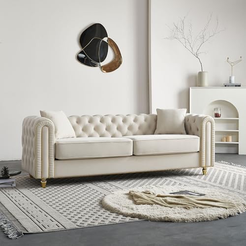 Image of KEIKI 86 inch Chesterfield Velvet Button Tufted Sofa with High Density Foam Cushions and 2 Toss Pillows, Modern Style 3-Seater Couch with Gold Strip Trim Decoration, Easy Assembly, for Living Room, Beige