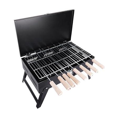 Gate Garden Barbecue Grill with 8 Skewers | Portable Traveler Grill | Charcoal BBQ for Outdoor Cooking | Foldable Camping Grill Portable Barbecue Grill with 8 Skewers