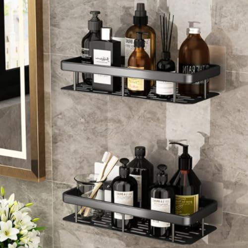 Estanteria baño, 2 repisas con jabonera de Silicona | Estanteria ducha antioxido sin taladro | Accesorios baño color negro | Estante baño ligero con 2 ganchos, instalación con adhesivos o clásica