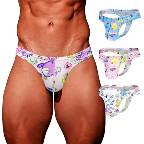 Mens Sexy Cotton T back Thong G String Underwear Low Rise Cute Cartoon Panties Bulge Pouch Lingerie