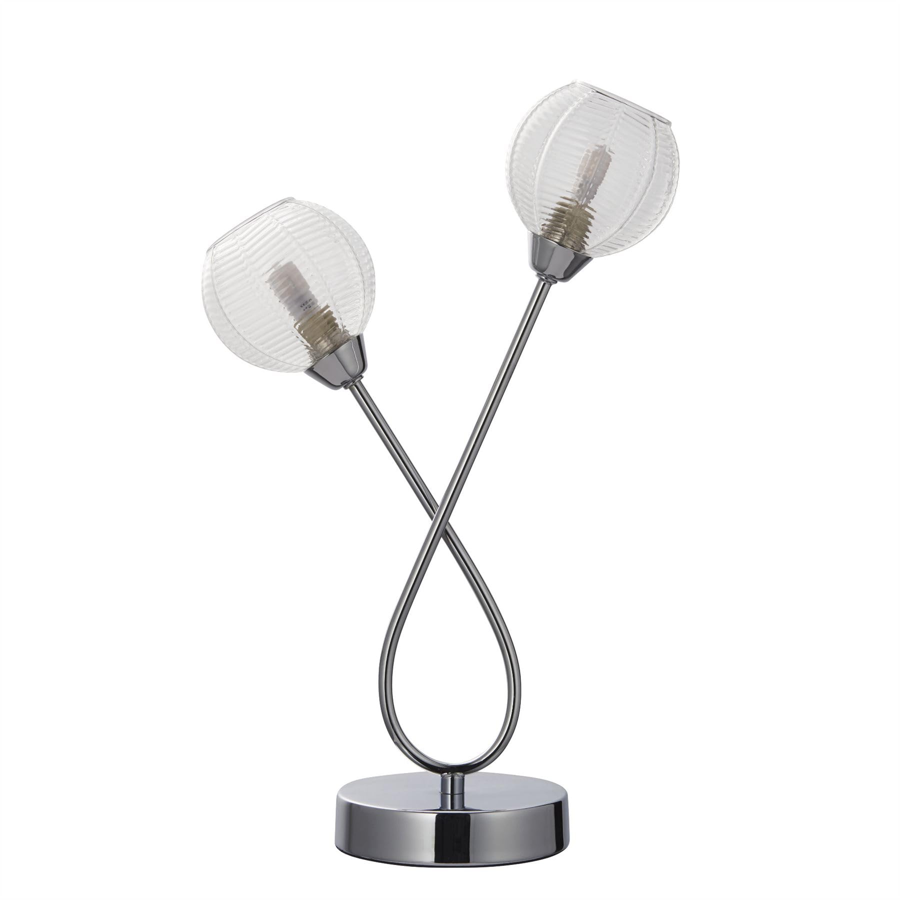 Firstchoicelighting Chrome & Clear Modern 38Cm Table Lamp Or Bedside Light, Polished Chrome With Ribbed Glass Shades, Led Compatible.