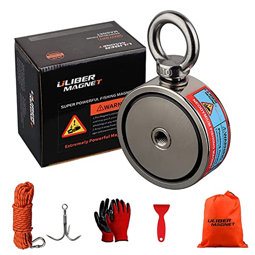 ULIBERMAGNET Double Sided Fishing Magnets,Combined 400kg N52 Neodymium Magnet Fishing Kit Starter with Rope,Claw,Gloves,Threadlocker for Treasure Hunting Under Water