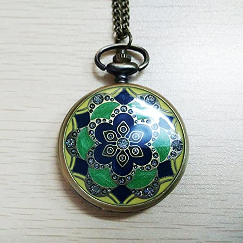 FMONH Montre de Poche Montre de Poche rétro étui à Fleurs Mode Bracelet en Bronze Table (Vert) Cover