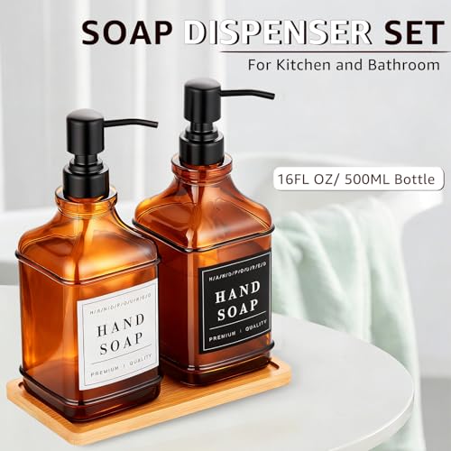 Amber Glass Soap Dispenser with Pump,Tray,Funnel, Countertop Soap and Lotion Dispenser Set of 2 with 60 Stickers, Dish and Hand Soap Dispenser Bottle for Kitchen,Bathroom,Shower,500ml/16.9oz