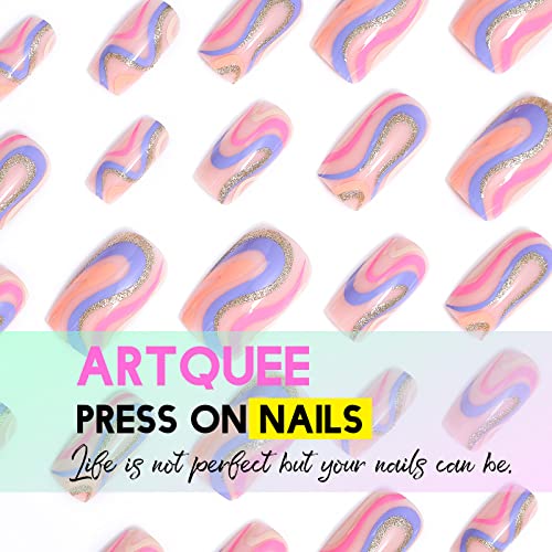 Artquee 24Pcs Rainbow Square Press On Nails Medium Length Fake Nail Art With Colorful Swirl Glitter Designs Acrylic Nails Artificial Glossy Nails In 12 Sizes Stick On False Nails Tips For Women #TOP6