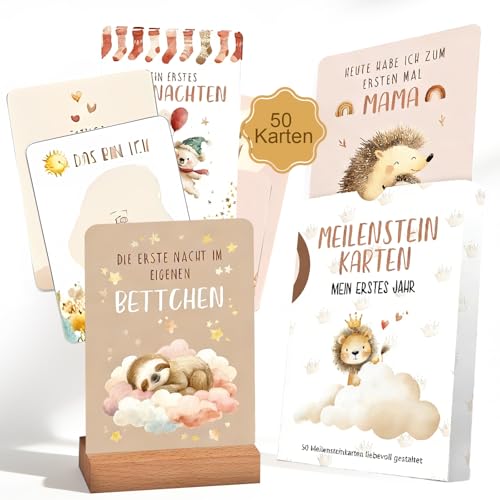 Meilensteinkarten Baby 50 Monatskarten mit Kartenständer & Geschenkbox Boho Stil Geschenksets Monatsschilder Baby Geschenk für zur Schwangerschaft Babyshower und Geburt