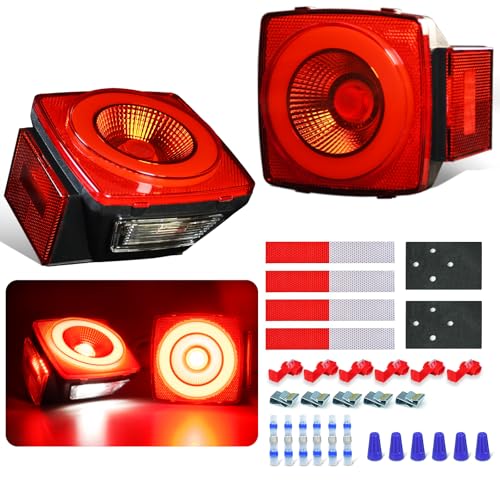 Image of Square Halo 78 LEDs Trailer Lights,Stop Turn License Running Combination Tail Light w /Stud Mount, IP67 Submersible for Under 80 inch Truck Boat RV [PatentPending], DC 12V (Red Lens Red LED)
