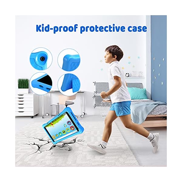 HAPPYBE 8 inch Kids Tablet, 8" Display, 1080p Full HD, Quad Core Android 10, 32GB, Parental Control, Kidoz Installed, WiFi, Dual Camera Google Play, YouTube, Children’s Tablets, Kid-Proof Case (Blue)
