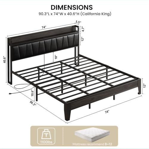 Image of LIKIMIO California King Bed Frame, PU Leather Storage Headboard with Charging Station, Solid and Stable, Noise Free, No Box Spring Needed, Easy Assembly, Black