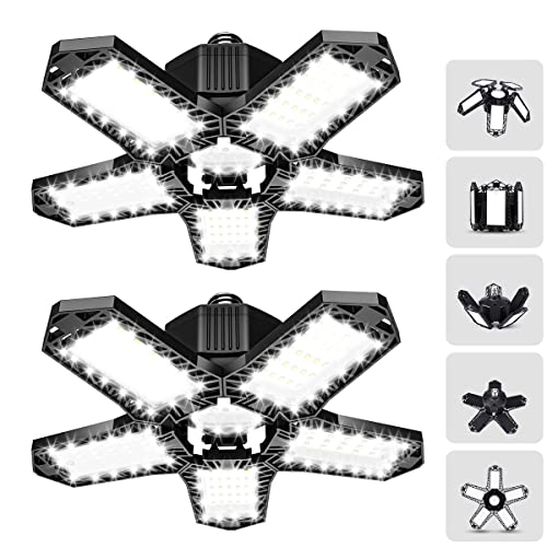 LED Garage Lights 2 Pack 100W Ultra Bright Screw-in Garage Lighting Fixture Adjustable 5 Leaf Garage Ceiling Lights 10000 Lumens Daylight E26/E27 Bulbs Led Shop Light for Workshop Basement Attic