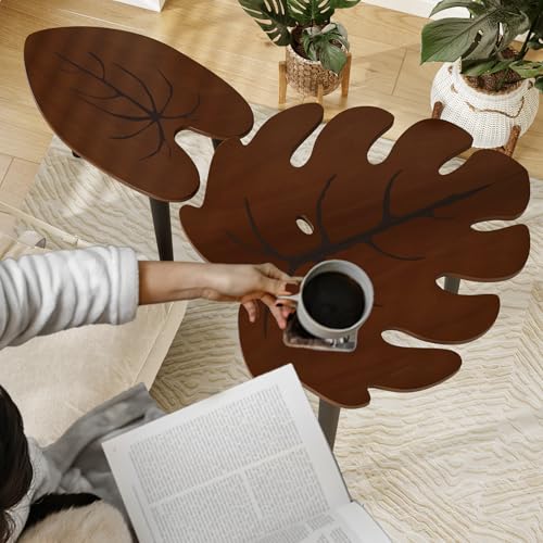 BAMEOS Monstera Leaf Nesting Tables Set of 2, Small Side Tables f Set with Leaf Vein Pattern, Modern Wooden CoffeeTables for Living Room Bedroom Apartment Balcony Yard by BAMEOS - Image 4
