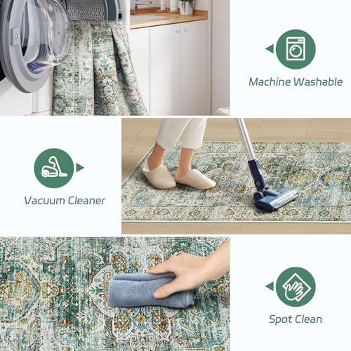 Madane Runner Rug 2'6''x8' Kitchen Runner, Hallway Runner Printed Vintage Washable Rugs Soft Non-Slip Low Pile Runners for Hallways Laundry Room Rug Distressed Rug, Green